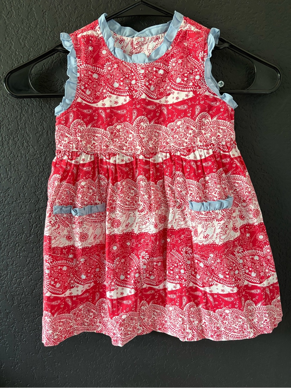 Girls Red White Paisley Sleeveless Casual Summer Dress Blue Trim